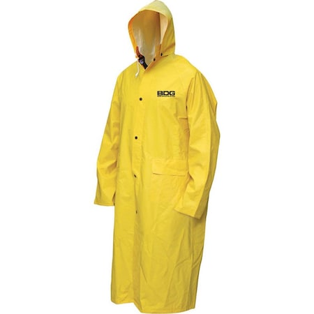 Rain Coat Flame Resistant PVC/Poly/PVC 48in Long W/Hood, Size L
